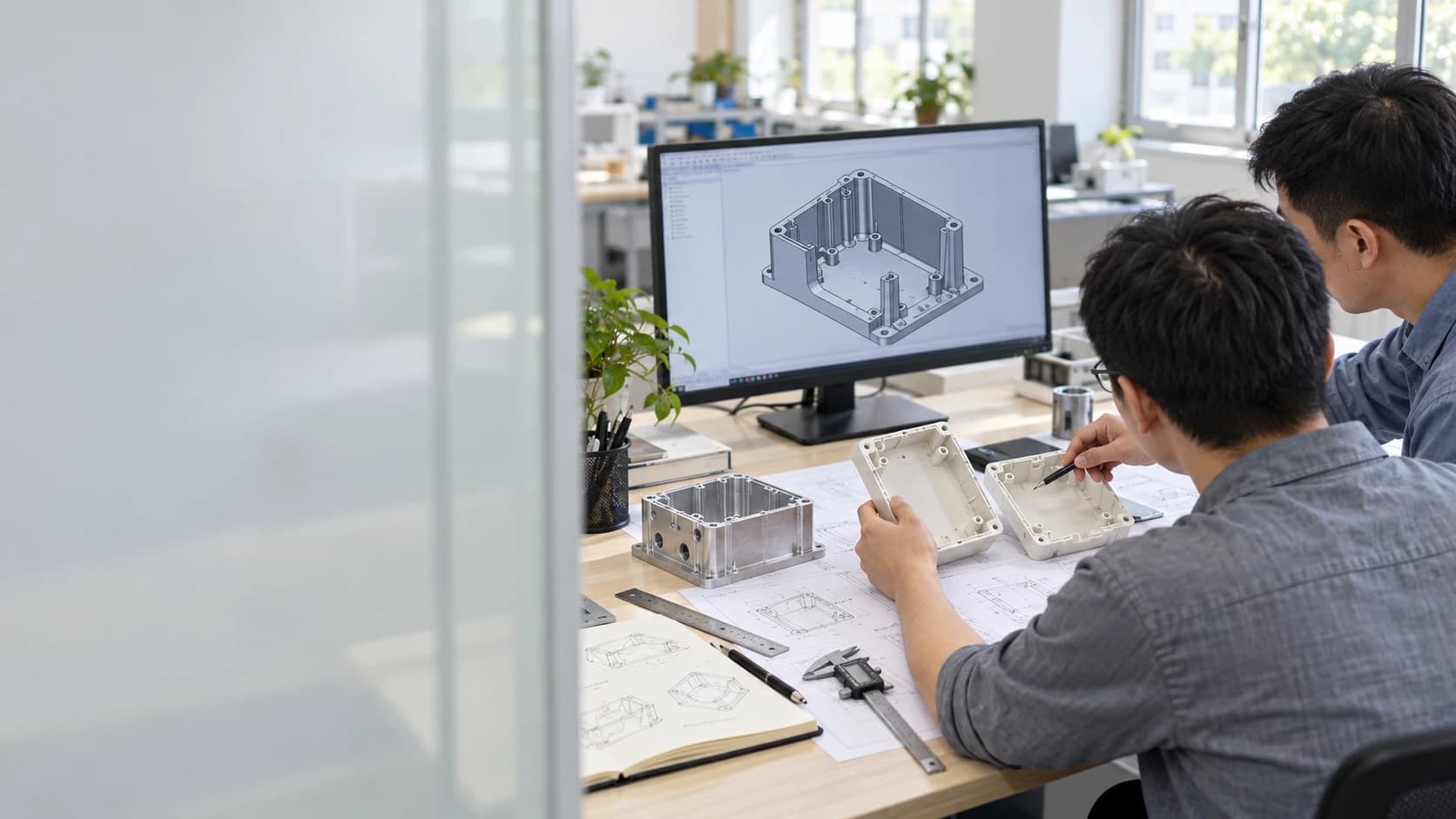 工程人员围绕产品样板、结构图纸与 CAD 模型讨论设计